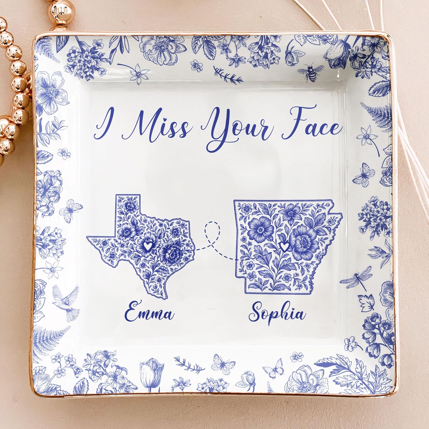 Personalized Jewelry Dish Long Distance Relationship I Miss You Toile De Jouy Custom States