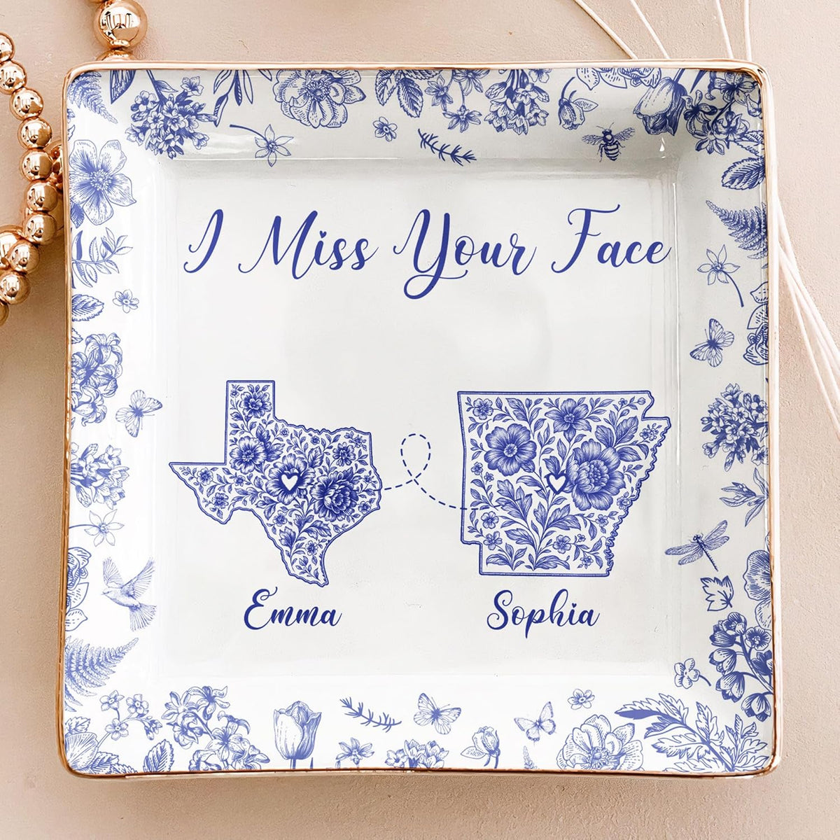Personalized Jewelry Dish Long Distance Relationship I Miss You Toile De Jouy Custom States