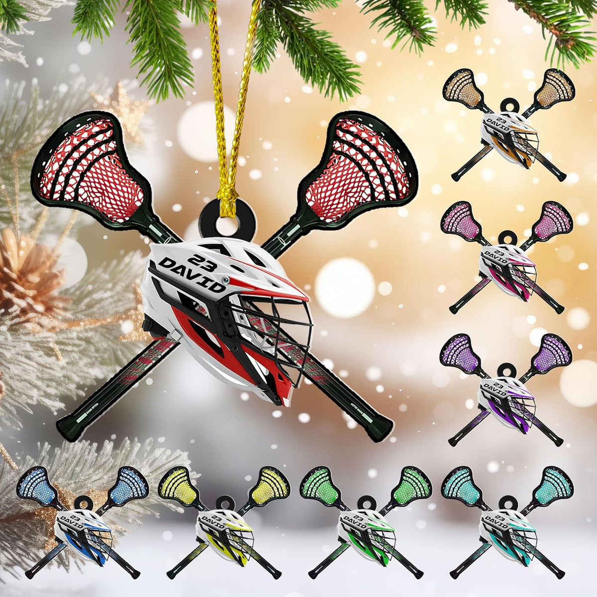 Personalized Name Number Lacrosse Christmas Ornament, Lacrosse Ornament for Lacrosse Team Member, Lacrosse Christmas Pine Hanging Decoration for Xmas