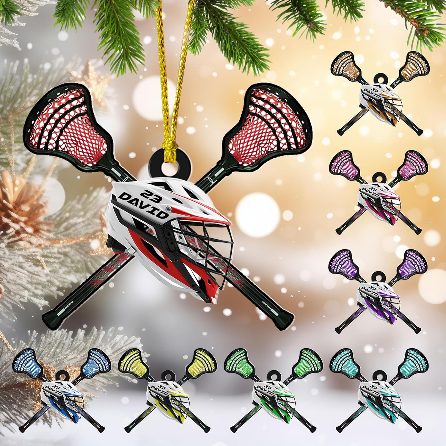 Personalized Name Number Lacrosse Christmas Ornament, Lacrosse Ornament for Lacrosse Team Member, Lacrosse Christmas Pine Hanging Decoration for Xmas