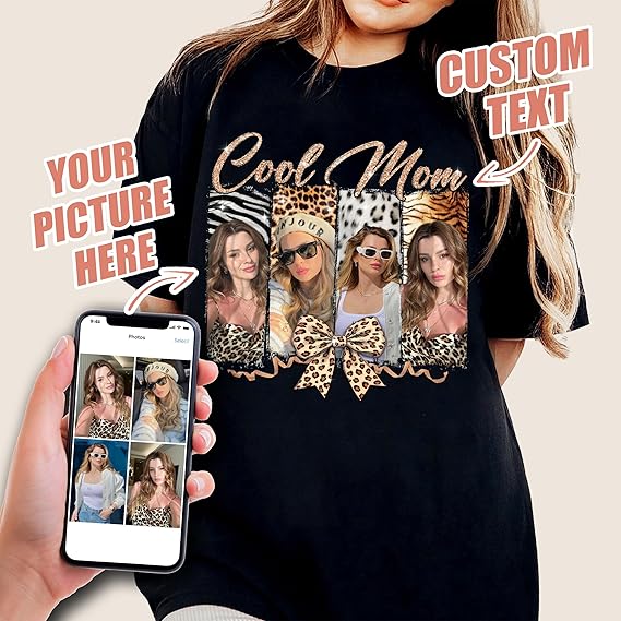Leopart Pattern Custom Photo Custom T Shirts for Mom Mama Shirt with Photos Vintage Tee Custom Funny Shirt for Mom