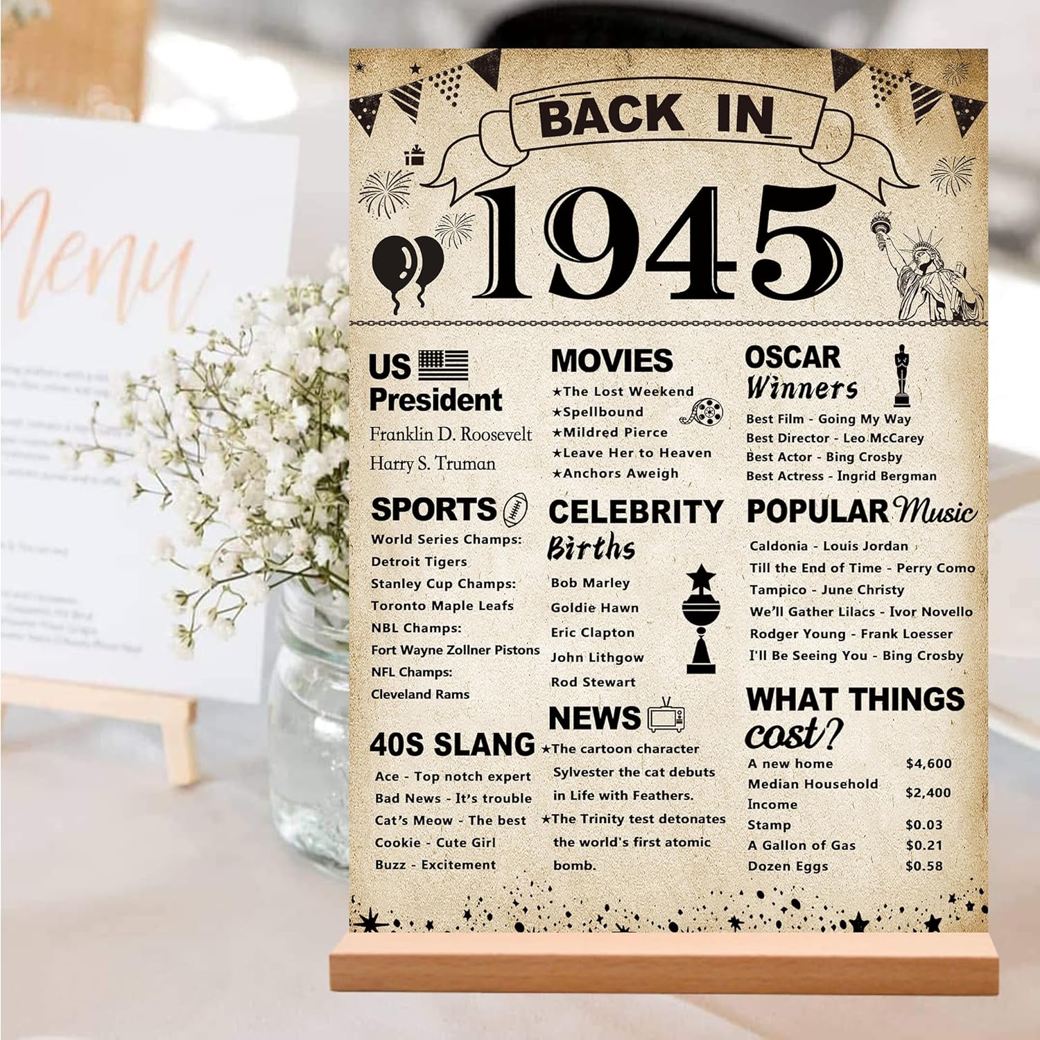 80th Birthday Party Decorations, Vintage Back in 1945 Poster Acrylic Sign with Stand 80 Year Old Party Supplies for Men& Women Vintage 1945 Table Decor 80th Anniversary Class Reunion Gifts