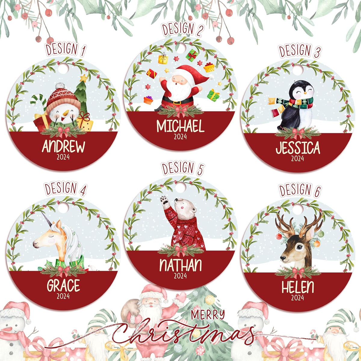 Personalized 2025 Christmas Ornaments for Kids, w/Optional Themes, Name & Date - Customized Christmas Hanging Ornament Gifts for Kids, Round Xmas Ornament