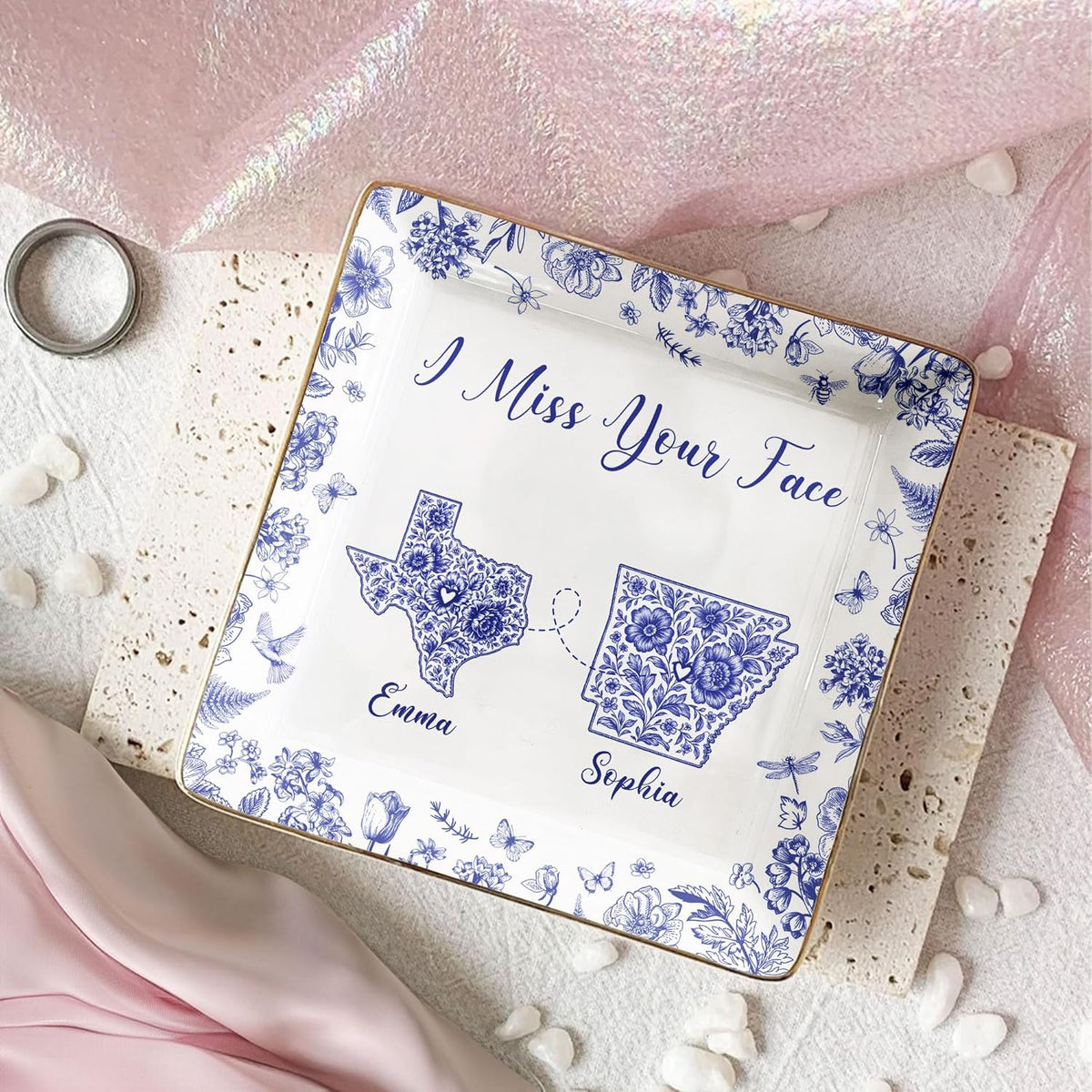 Personalized Jewelry Dish Long Distance Relationship I Miss You Toile De Jouy Custom States