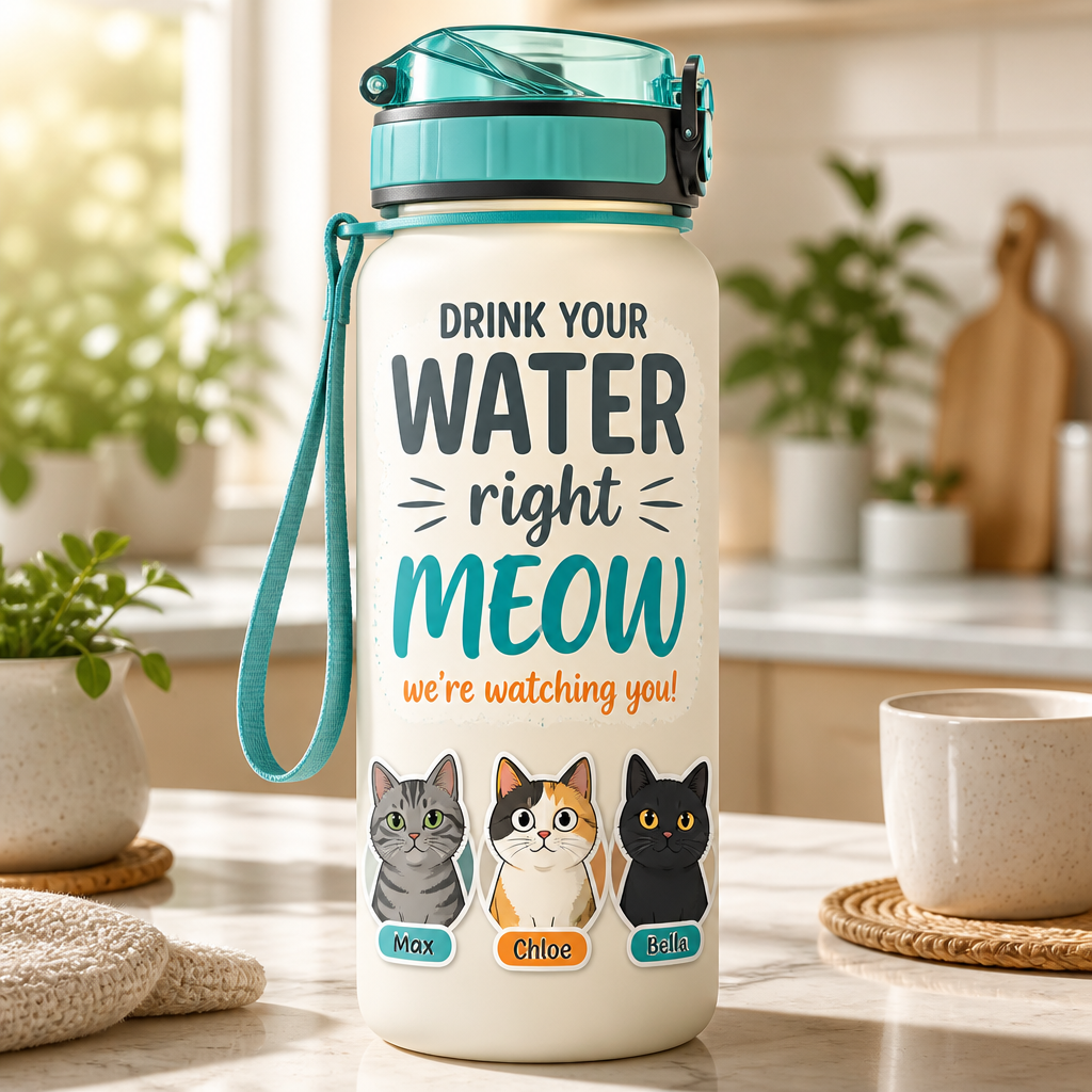 Cat Hydration Tracker Bottle – Drink Your Water Right Meow (3 Pet Photos + Names) - Personalized Water Tracker Bottle 923f583c-d5d4-4a11-a156-1f858db777ee.png