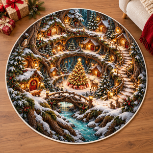 Christmas Cathedral Village 3D Illusion Round Rug, Snowy Church Square Floor Mat, Winter Wonderland Area Carpet, Festive Holiday Home Decor 9262028a-4b47-4046-aae2-86ccf8f69856-Enchanted-forest-Christmas-rug-2.png