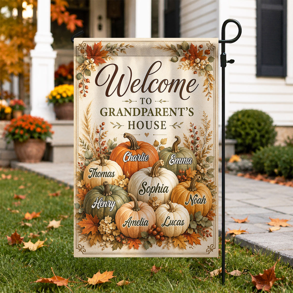 Welcome To Grandparent's House Fall Pumpkin - Personalized Garden Flag - Fall Season Decor Gift, Gift For Grandma, Grandpa 92b44018-5e6c-4056-b4f4-607c42d5f21c-banner-2.jpg