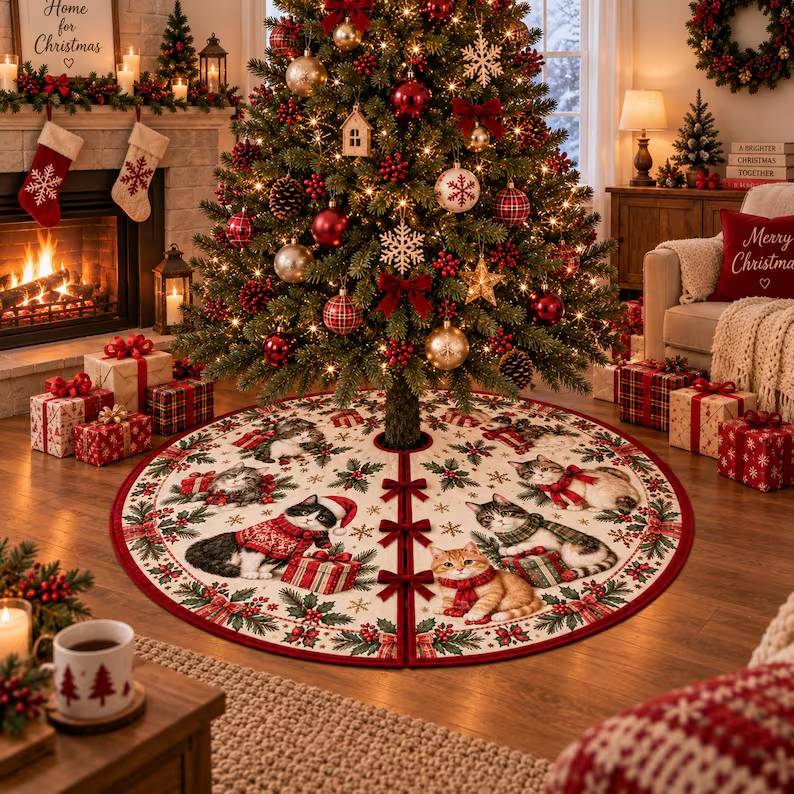 Christmas Cat Tree Skirt, Cute Christmas Tree Skirt, Holiday Cat Decor, Festive Christmas Tree Decoration, Cozy Xmas Home Decor 92ec9631-3347-4555-9b65-e12078ed637f-dffff-2-.jpg
