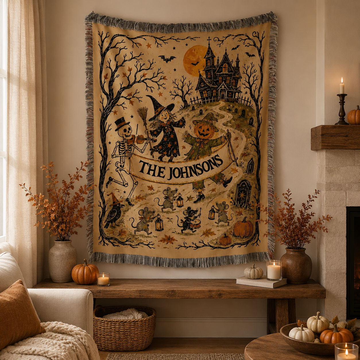 Custom Halloween Woven Blanket, Personalized Family Name Haunted House Throw, Vintage Folk Art Tapestry, Spooky Autumn Decor, Halloween Gift 93279b9f-e32f-4f2a-b061-fa39d0a1a866-f4be5ef6-3ac1-4a48-b906-8a124e822b33.png