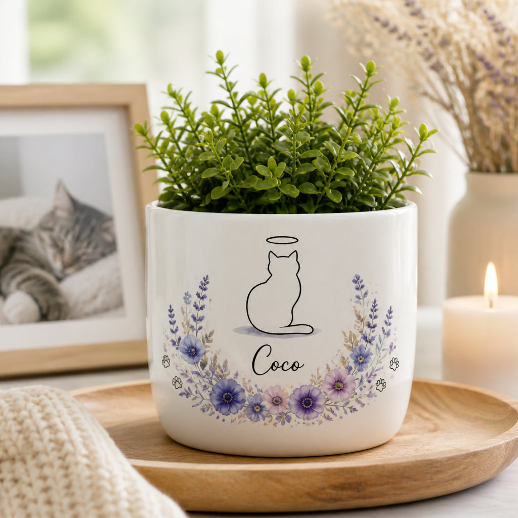 Personalized Cat Memorial Planter – Halo Cat Line Art with Floral Wreath - Personalized Plant Pot & Vase 932a2742-6a98-461e-a842-11d18fcab53d.jpg