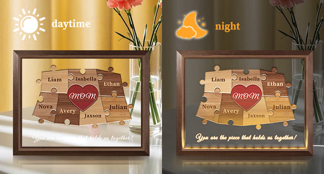Mom You are The Piece That Holds Us Together, Personalized Mom Puzzle Piece Sign Plaque Frame with LED Night Light, Mothers Day Puzzle Gift, Personalzied from Daughter Son