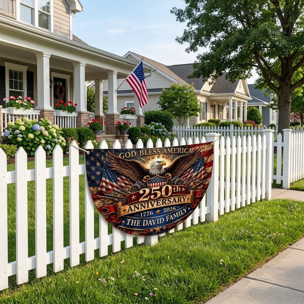 Personalized USA 250th Anniversary Bunting Flag 1776-2026, Custom Family Name Patriotic America Bunting, Non-Pleated Fan Flag for Porch