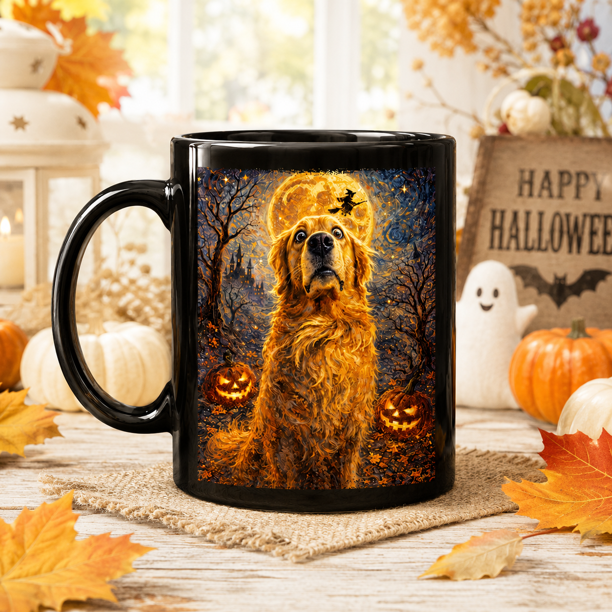 Custom Pet Dog Cat Portrait Halloween Van Gogh Art - Personalized Mug