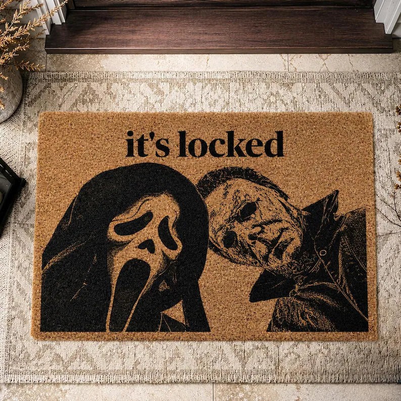 It's Locked Horror Doormat, Halloween Slasher Welcome Mat, Spooky Masked Figure Door Mat, Creepy Gothic Porch Decor, Funny Horror Gift 93a64351-1570-4b95-bced-57ac412ab62f-ffg.webp