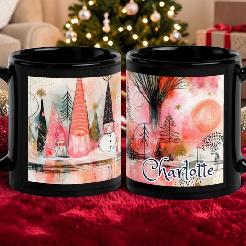 Personalized Christmas Mug, Custom Name Whimsical Winter Wonderland Mug, Boho Holiday Coffee Cup, Black Ceramic Mug, Gnome Snowman Gift 93ee522f-3353-48ed-990c-e696e24ea804-r3.jpg