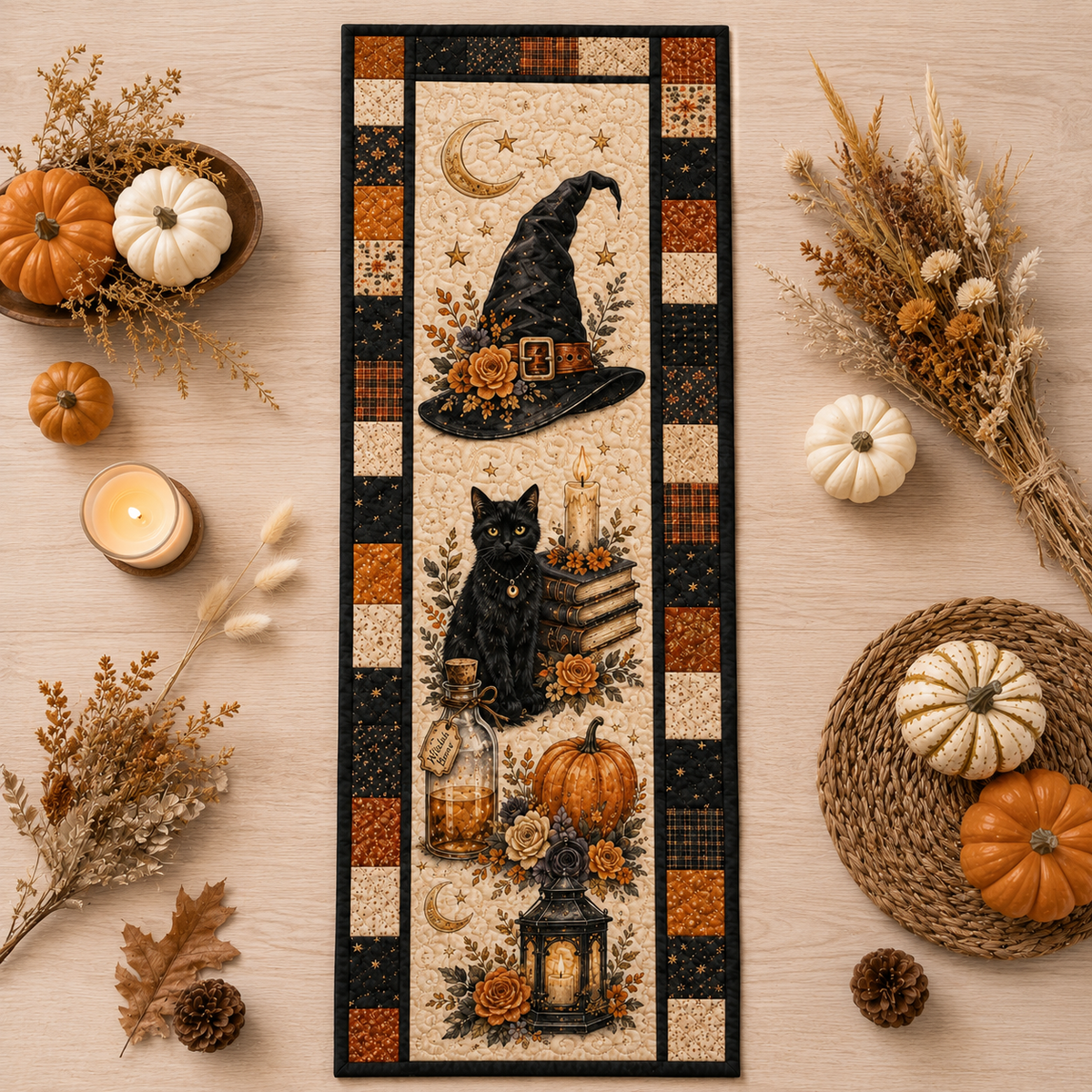 Witchy Halloween Quilted Table Runner, Black Cat Witch Hat & Pumpkin Patchwork Runner, Gothic Fall Table Decor 93f6fda3-bd9d-48ae-8d13-7506512485ca-Image-Aug-13-2026-01_39_53-PM-3-.png
