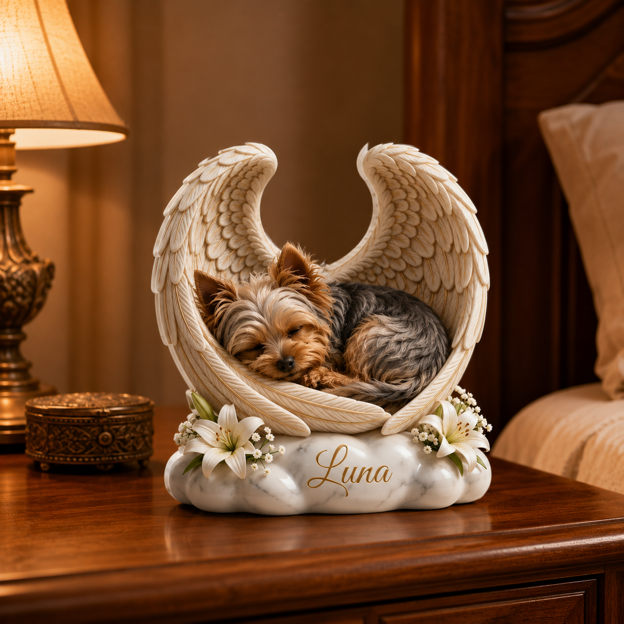 Custom Yorkie Dog Memorial Acrylic Block : Angel Wings Statue Personalized Pet Memorial Gift