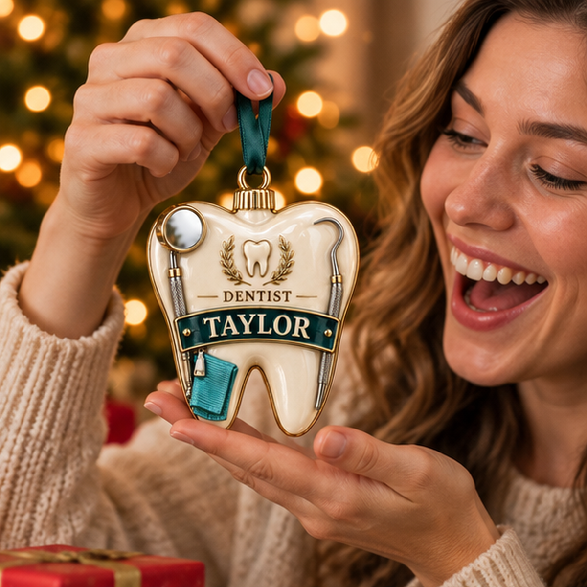 Custom Dentist Christmas Ornament 940e2fdd-94e7-448a-b96d-4a22147a5355-dentist_ornament_mockup_2_happy_recipient.png
