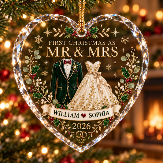 Personalized First Christmas as Mr & Mrs Ornament, Custom Names and Year Heart Wedding Keepsake, Newlywed Couple Gift, Christmas Tree Decor 9440b062-d25b-4d73-93d5-5846ed9e9116-First-Christmas-Mr-Mrs-Crystal-Ornament.png