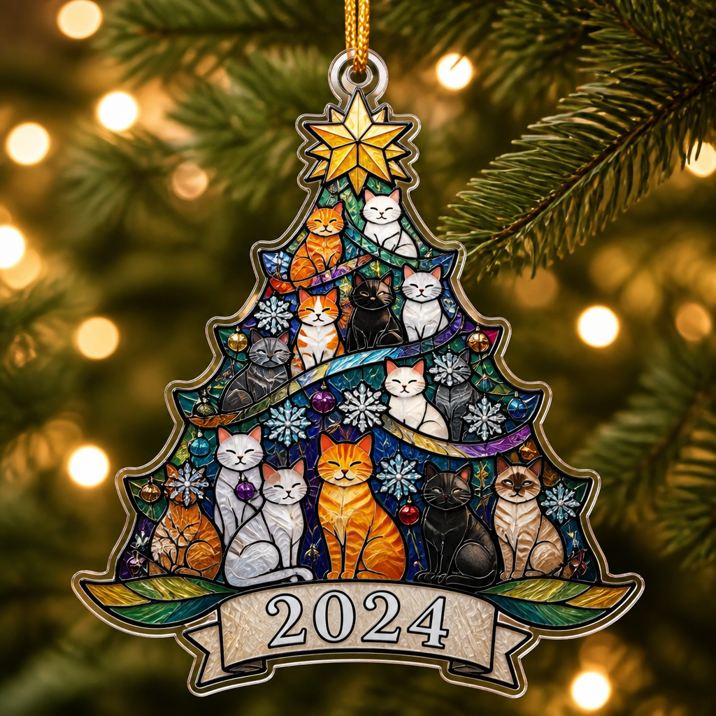 Stained Glass Cats Christmas Tree Shape Ornament – Custom Year - Personalized Shape Ornament 94433b48-108d-4aab-8b9e-95ed260581a1.png