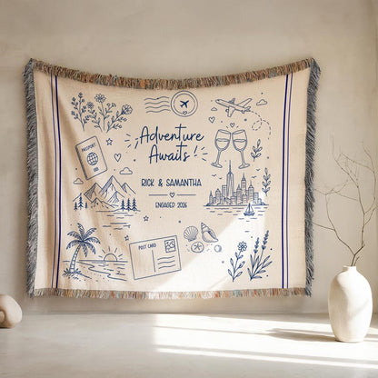Personalized Couple Woven Throw Blanket | Adventure Awaits Custom Name Blanket, Moss Green Boho Doodle Decor, Wedding Engagement Anniversary Gift 946d97a4-e3cc-415f-9484-94e282b77ca4-c2.jpg