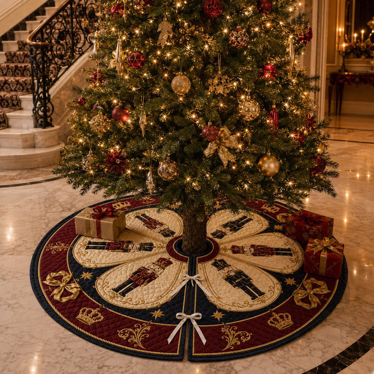Nutcracker Christmas Tree Skirt, Quilted Holiday Tree Skirt, Royal Red Navy Gold Christmas Decor, Elegant Xmas Home Decor 9486c3a6-f1c3-4245-a5db-60cc7a25e123-6.jpg