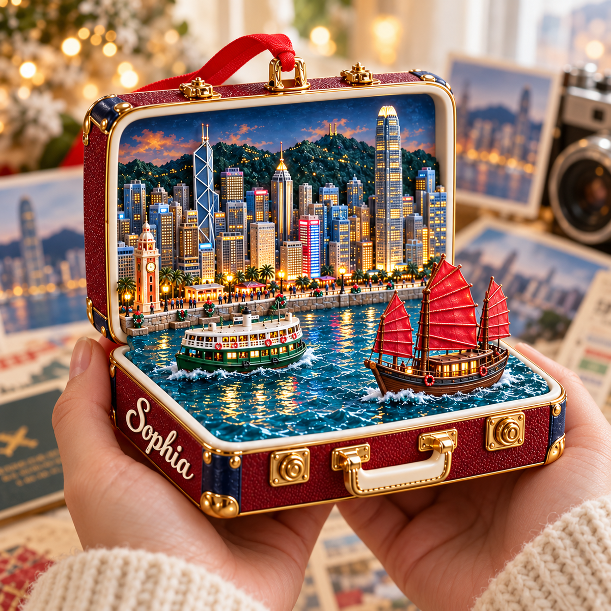Personalized 3D Victoria Harbour Suitcase Christmas Ornament – Hong Kong Travel Souvenir & Gift for Hong Kong Lovers 955719d9-465b-4aba-91a4-07eac2148d6a-Victoria-Harbour-Keepsake-in-Burgundy-Suitcase-4.png