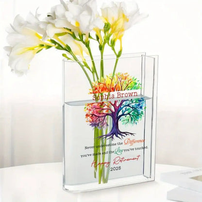Personalized Retirement Gift - Custom Name & Year, Tree of Life Design with Inspirational Message - Heavy-Duty Acrylic Book Vase for Desk, Shelf, Table Decor