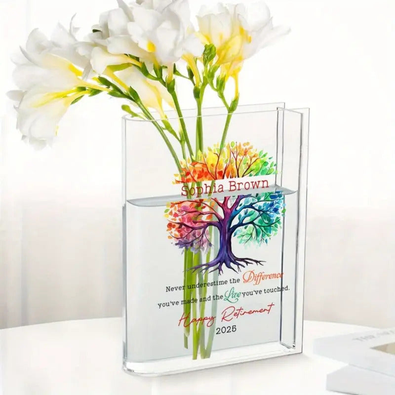 Personalized Retirement Gift - Custom Name & Year, Tree of Life Design with Inspirational Message - Heavy-Duty Acrylic Book Vase for Desk, Shelf, Table Decor