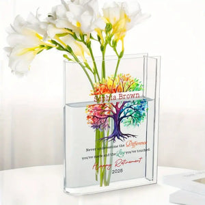 Personalized Retirement Gift - Custom Name & Year, Tree of Life Design with Inspirational Message - Heavy-Duty Acrylic Book Vase for Desk, Shelf, Table Decor