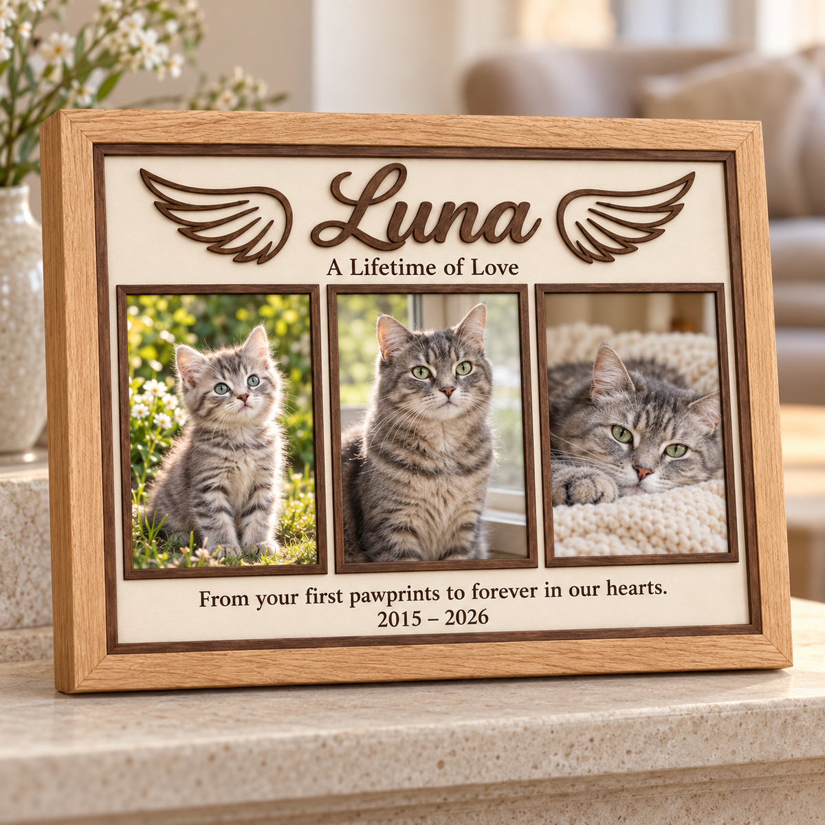 Personalized Dog Memorial Photo Frame, Custom Wooden 3 Photo Collage, A Lifetime of Love Pet Keepsake, Loss of Dog Sympathy Gift 95eedb9d-e568-45fc-aec6-37a2c6533376-Luna-s-Angel-Wing-Cat-Memorial-Frame-2.png