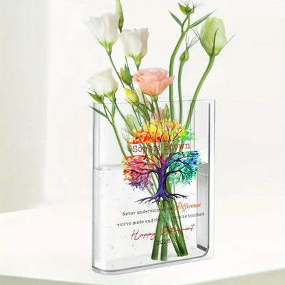 Personalized Retirement Gift - Custom Name & Year, Tree of Life Design with Inspirational Message - Heavy-Duty Acrylic Book Vase for Desk, Shelf, Table Decor
