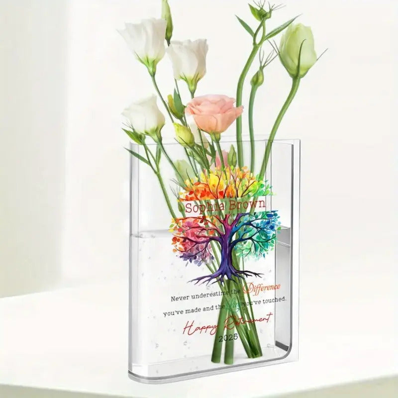 Personalized Retirement Gift - Custom Name & Year, Tree of Life Design with Inspirational Message - Heavy-Duty Acrylic Book Vase for Desk, Shelf, Table Decor
