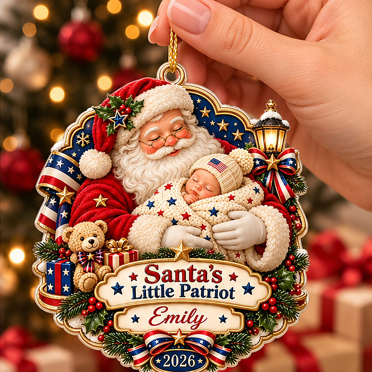 Personalized Santa's Little Patriot Baby's First  Christmas 3D Ornament 2026 – Santa Holding Baby Patriotic Keepsake Gift 9683af8f-aabe-4717-98bd-546a3260264e-Santas_Little_Patriot_Emily_2026_02_Handheld_1200x1200.png