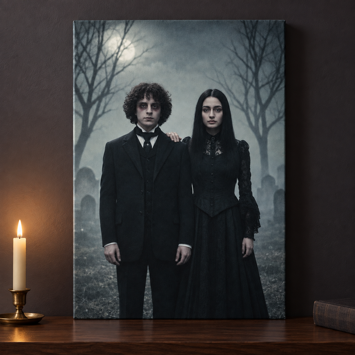 Personalized Halloween Family Portrait Canvas – Custom Gothic Couple & Pet Wall Art from Photo 96989500-8225-4171-a68d-56afb459a0b3-Gothic-Couple-Canvas-on-Walnut-Console-1.png