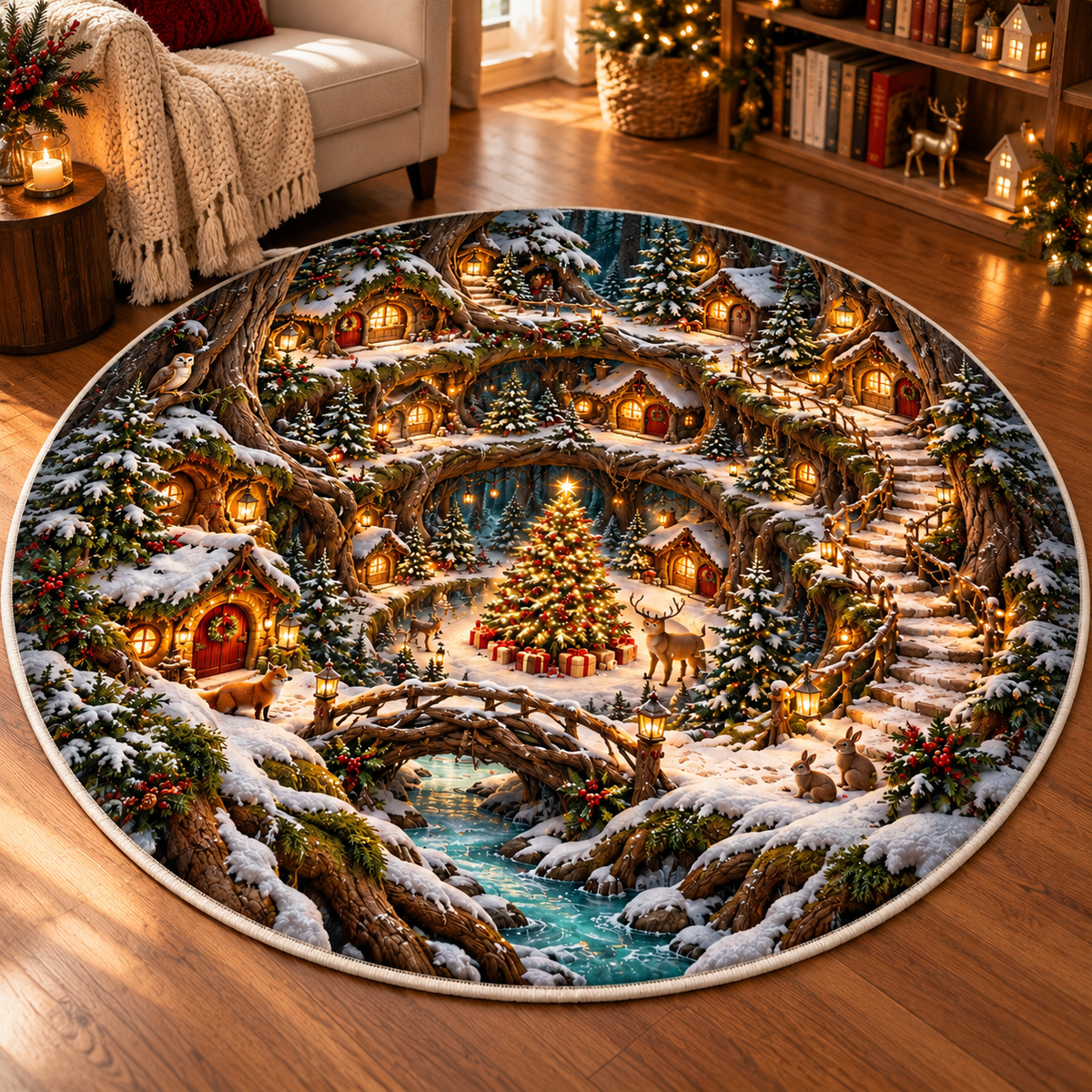 Christmas Cathedral Village 3D Illusion Round Rug, Snowy Church Square Floor Mat, Winter Wonderland Area Carpet, Festive Holiday Home Decor 96da8362-7145-4cf1-aa82-9501538ffe80-Enchanted-Snowy-Forest-Christmas-Rug-4.png