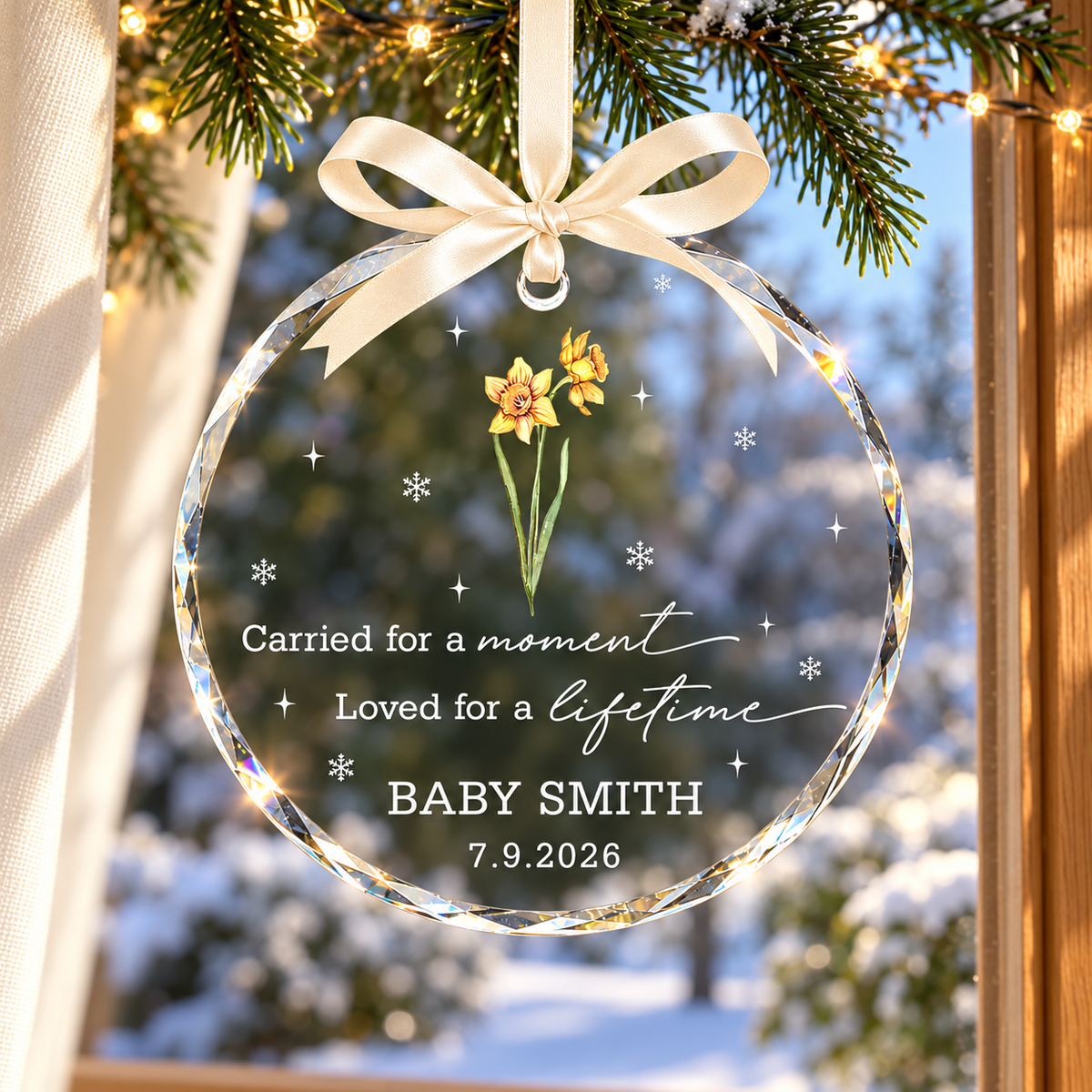 Personalized Baby Memorial Ornament, Miscarriage Ornament, Stillbirth Keepsake, Sympathy Gift, Custom Baby Loss Birth Flower Ornament 973086b4-3577-459f-9ad2-1e8f040fe9fc-Crystal-daffodil-ornament-by-winter-window-1.png