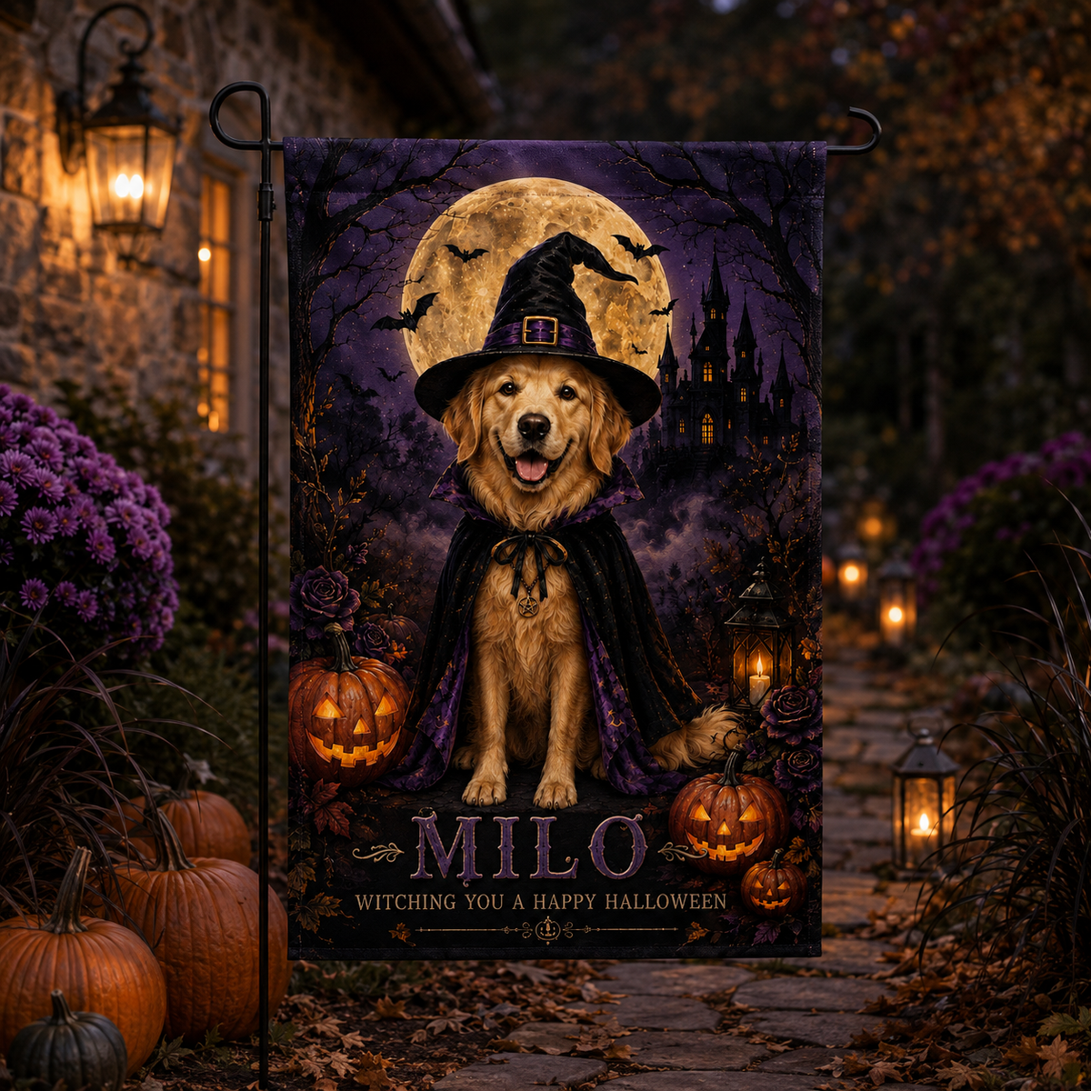 Custom Pet Halloween Garden Flag, Personalized Witch Dog Portrait, Pet Name Fall Yard Decor, Double Sided Spooky Porch Flag 9827b521-cb94-452c-b0e7-2c2ea6592213-banner-1.png