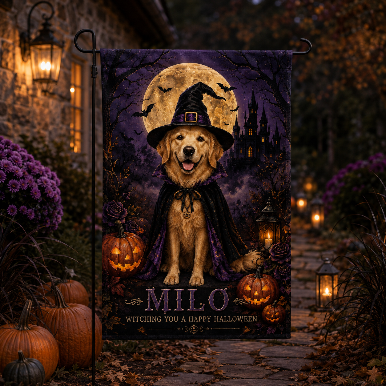 Custom Pet Halloween Garden Flag, Personalized Witch Dog Portrait, Pet Name Fall Yard Decor, Double Sided Spooky Porch Flag 9827b521-cb94-452c-b0e7-2c2ea6592213-banner-1.png