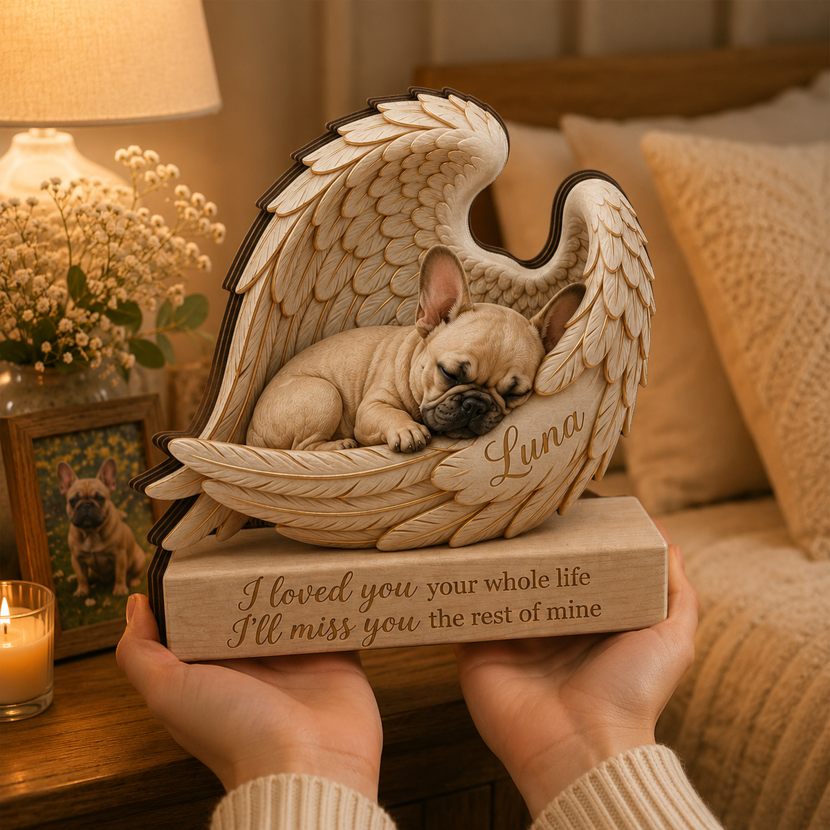 Personalized Frenchie Dog Memorial Wooden Block: Printed Angel Wings Pet Loss Gift Dog Lover Gift