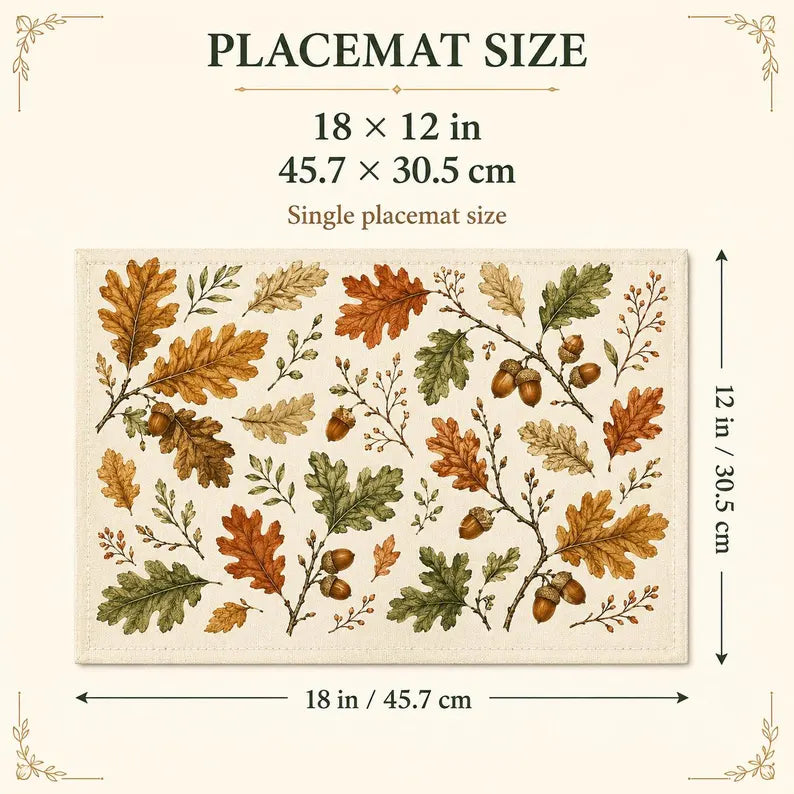Autumn Leaves Placemats, Oak Leaf Acorn Dining Decor, 18x12 Inch Faux Linen-Look Table Mats, Rustic Fall Decor, Set of 4 or 6 988bc809-65ae-4763-9d23-0f730608a7b3-FGH-12-.webp