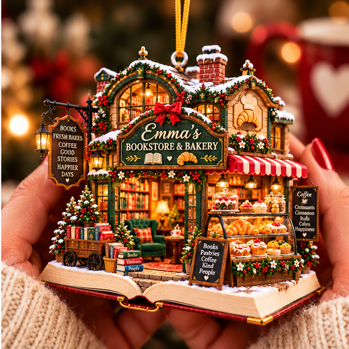 Personalized Bookstore & Bakery Christmas Ornament – Custom Name 2D Flat Acrylic Ornament, Cozy Books & Baking Lover Gift 98956592-699e-417a-9a67-d040d5b86421-emma_bookstore_bakery_02_hand_1200.png