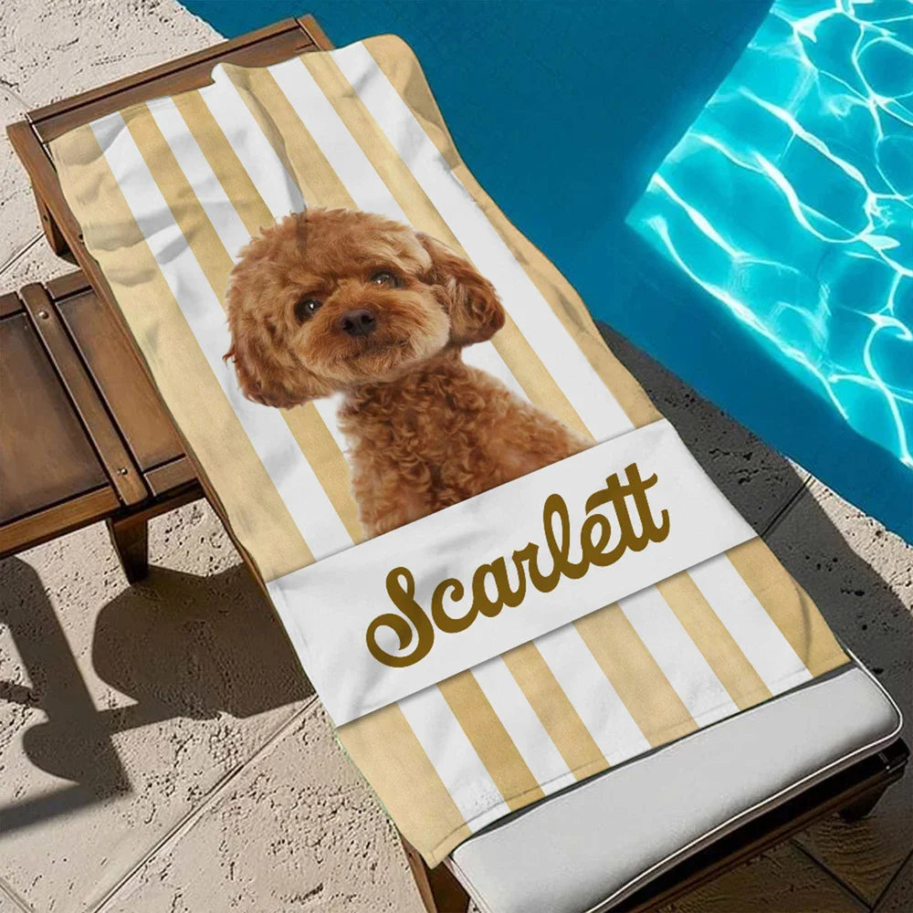 Personalised Pet Photo Stripe Soft Quick Dry Oversized Beach Towel with Name Summer Travel Vacation Essential Birthday Gift for Pet Lovers