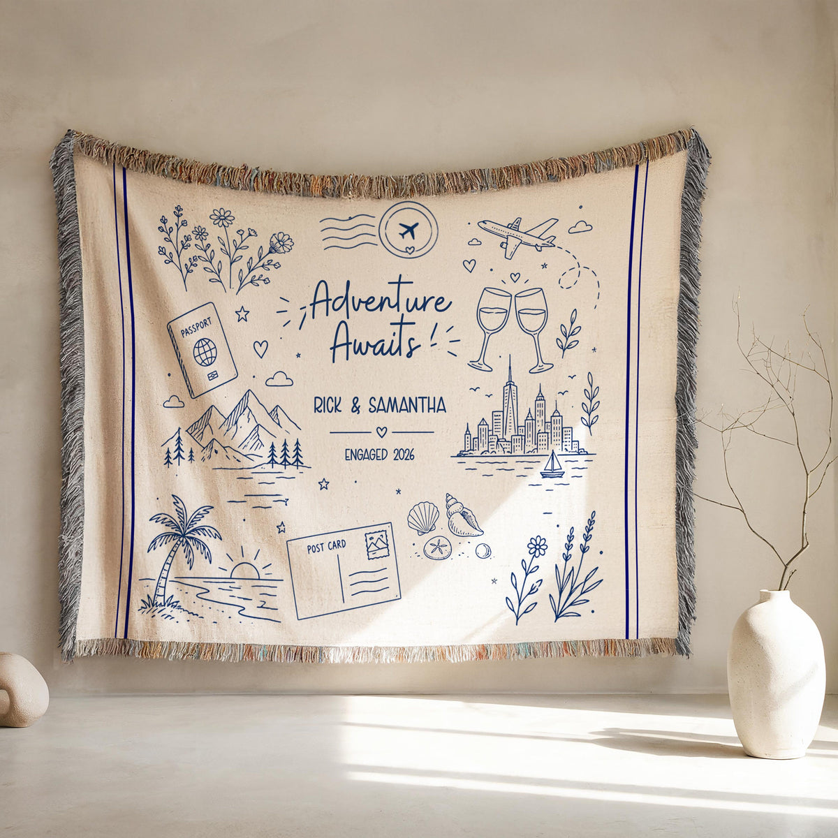 Personalized Couples Woven Throw Blanket | Adventure Awaits Moss Green Boho Stripe, Doodle Style Home Accent Wedding Engagement Anniversary 98dda253-26f9-4bc0-a458-8e8cc6d40fe3-3.jpg