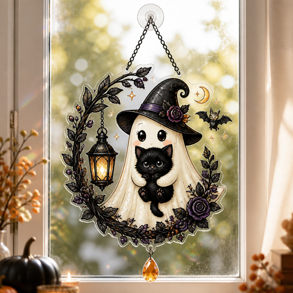 Cute Witch Ghost & Black Cat Halloween Metal Sign - 1 Layered Suncatcher with Charm 994ab3ff-f708-4893-b5d3-219591aab7b6.png