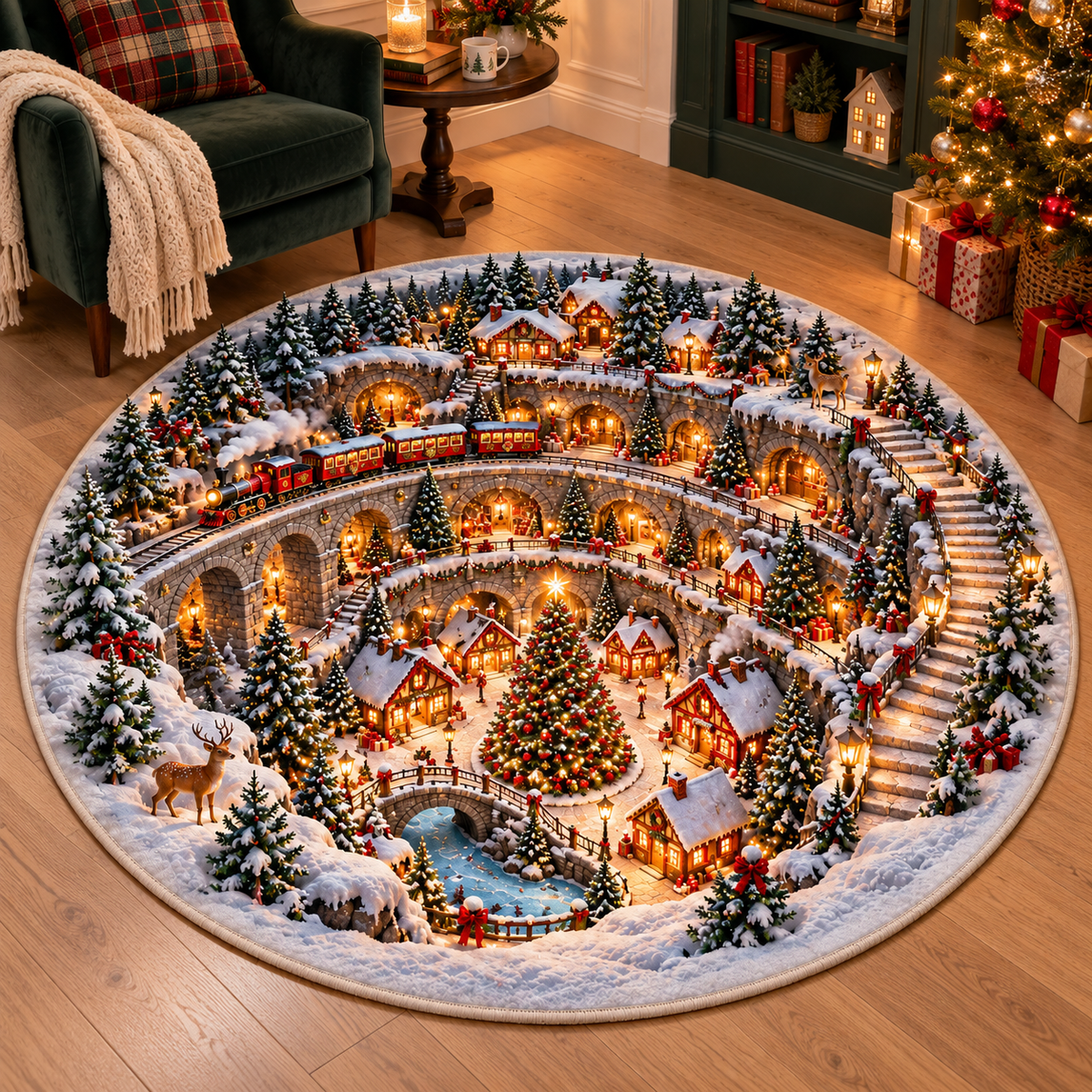 Christmas Train Village 3D Illusion Round Rug, Snowy Winter Wonderland Floor Mat, Holiday Area Carpet for Living Room, Xmas Home Decor 9955a808-935e-4fce-bc84-6d0320a25bee-Snowy-Christmas-village-illusion-rug-2.png