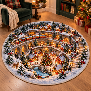 Christmas Train Village 3D Illusion Round Rug, Snowy Winter Wonderland Floor Mat, Holiday Area Carpet for Living Room, Xmas Home Decor 9955a808-935e-4fce-bc84-6d0320a25bee-Snowy-Christmas-village-illusion-rug-2.png