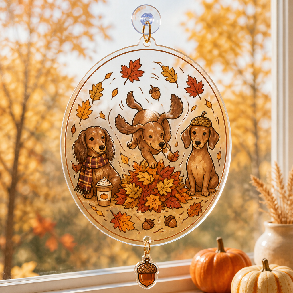 Autumn Dachshund Leaf Pile Tee - 1 Layered Suncatcher with Charm 996c294b-cf5f-4eb8-a2b4-ebb018c73c21.png