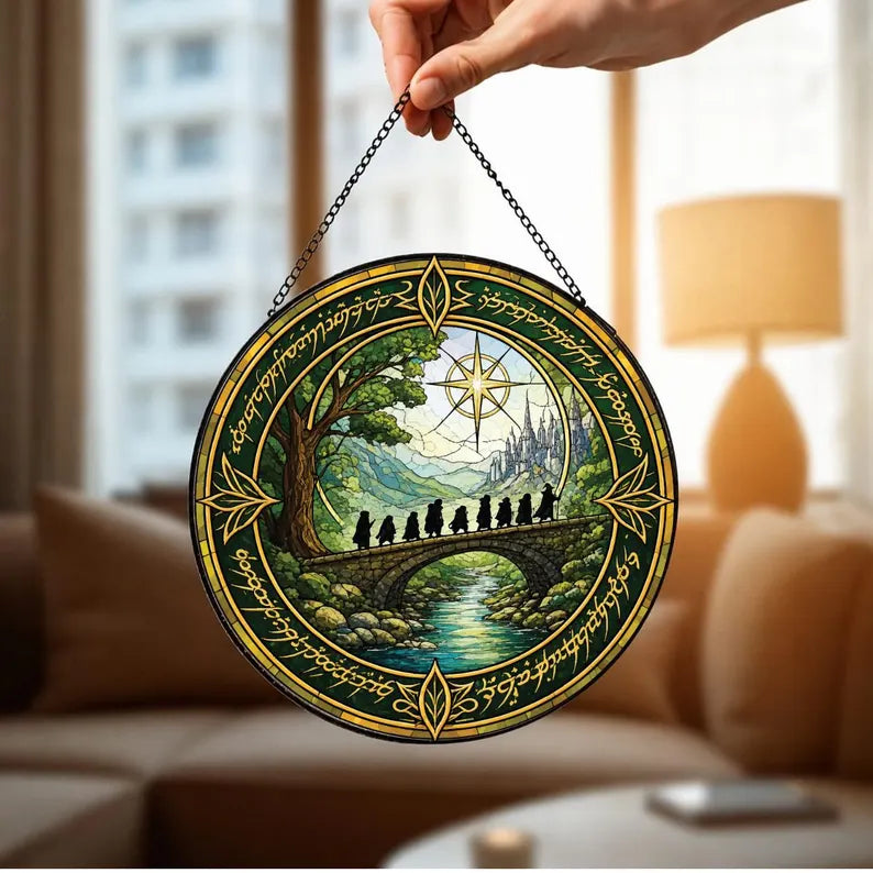 Fantasy Fellowship Stained Glass Suncatcher, Epic Adventure Window Hanging, Medieval Landscape Decor, Nature Lover Gift, Magical Forest Art 999e8d11-23bb-40ac-8841-fc2ff2a943f9-fg-28-.webp