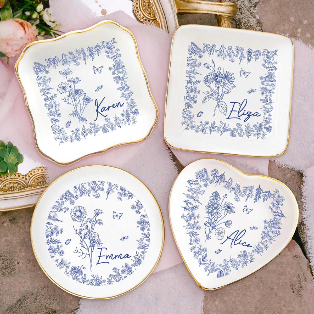 Personalized Birth Flower Trinket Dish, Custom Ceramic Jewelry Tray, Birthday Gift For Her